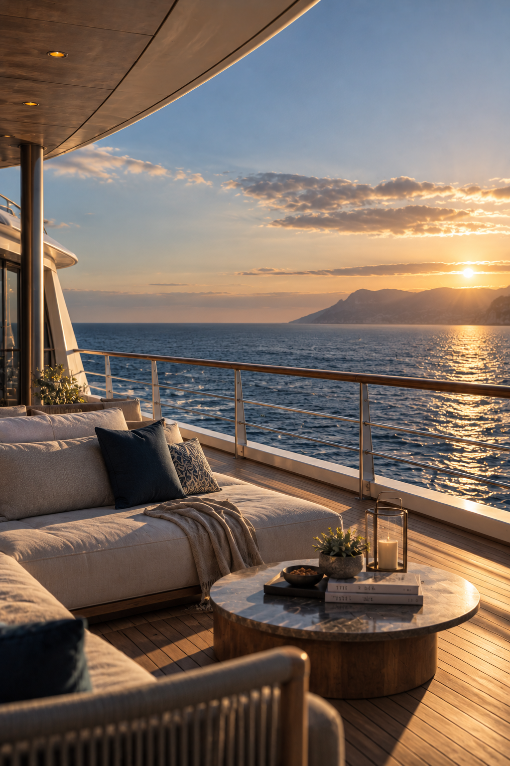 Lounge elegante de navio de luxo com vista para um cenário excepcional