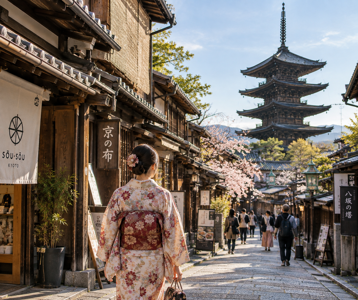 Viajante de quimono em rua tradicional de Kyoto, Japão