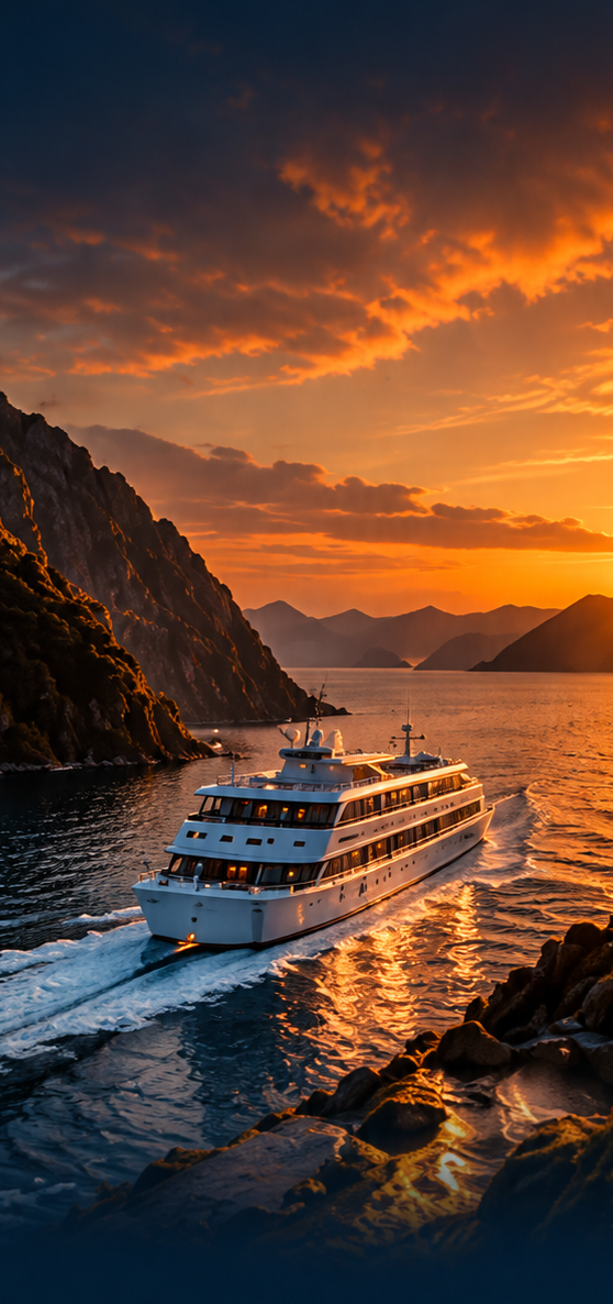 Navio de cruzeiro navegando entre montanhas ao pôr do sol